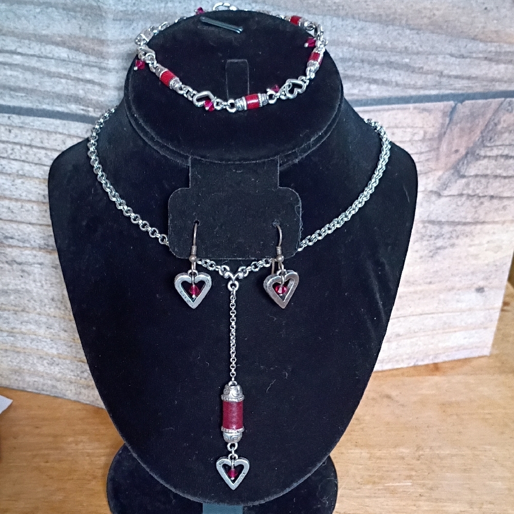 Retired Brighton Love Laugh Love Dream Elegant Silver and Red Heart Jewelry Set